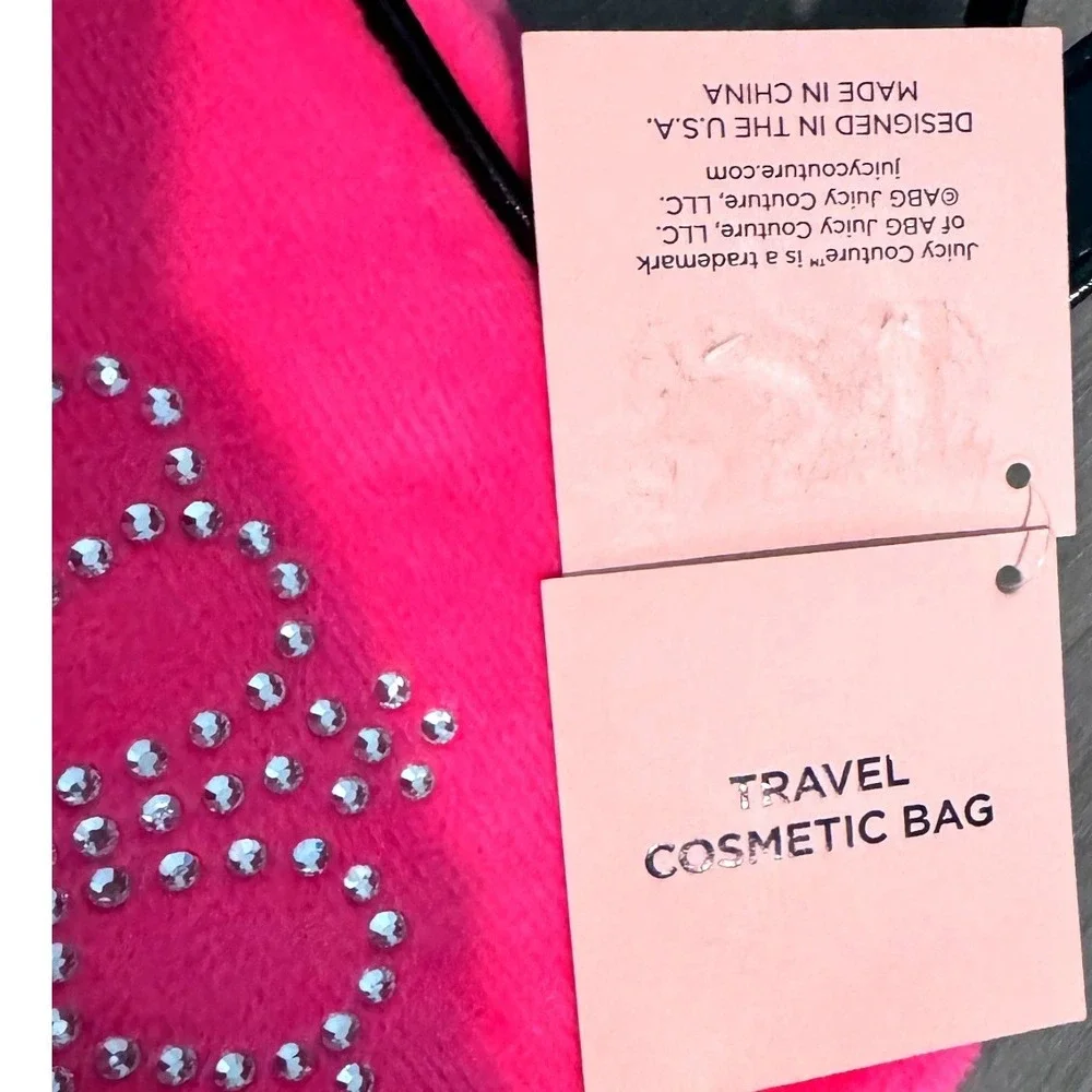 Juicy Couture Pink Velour Hanging Travel Cosmetic Bag Bling Y2K Key Charm NWT